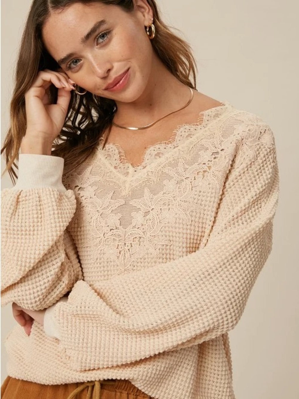 En Crème | NWT Lace-Trim Waffle Knit Pullover Sweater Sz M